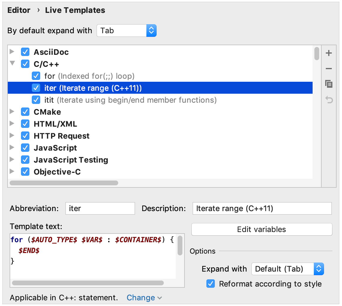 ライブテンプレート設定 live templates settings