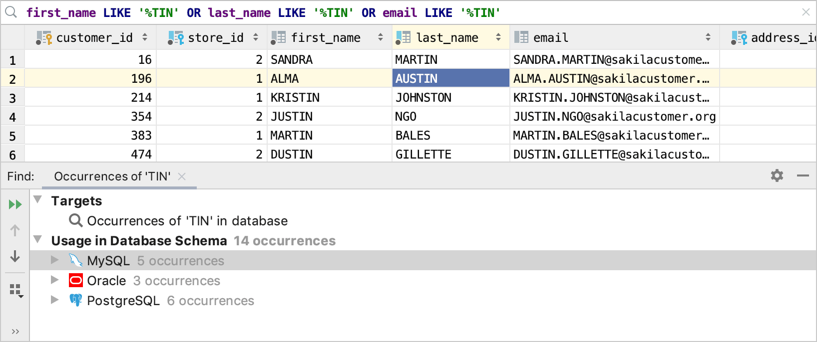 データベースでの全文検索 Intellij Idea