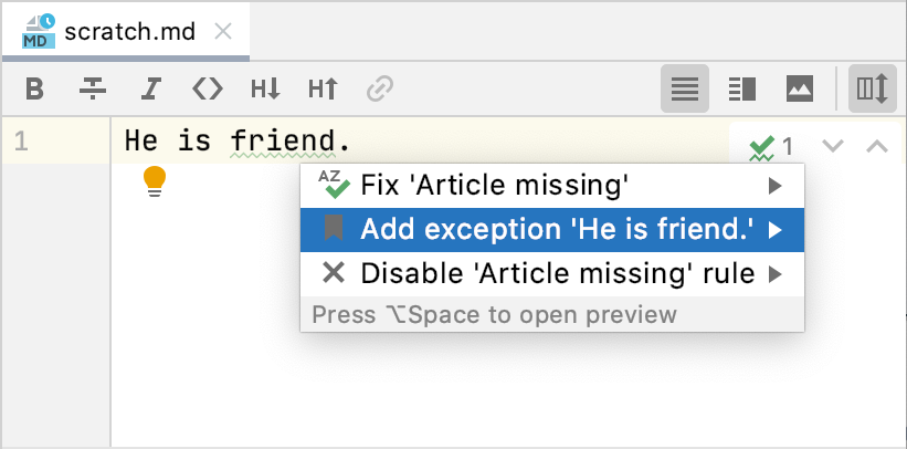 例外を追加するインテンションアクション Intention action to add an exception