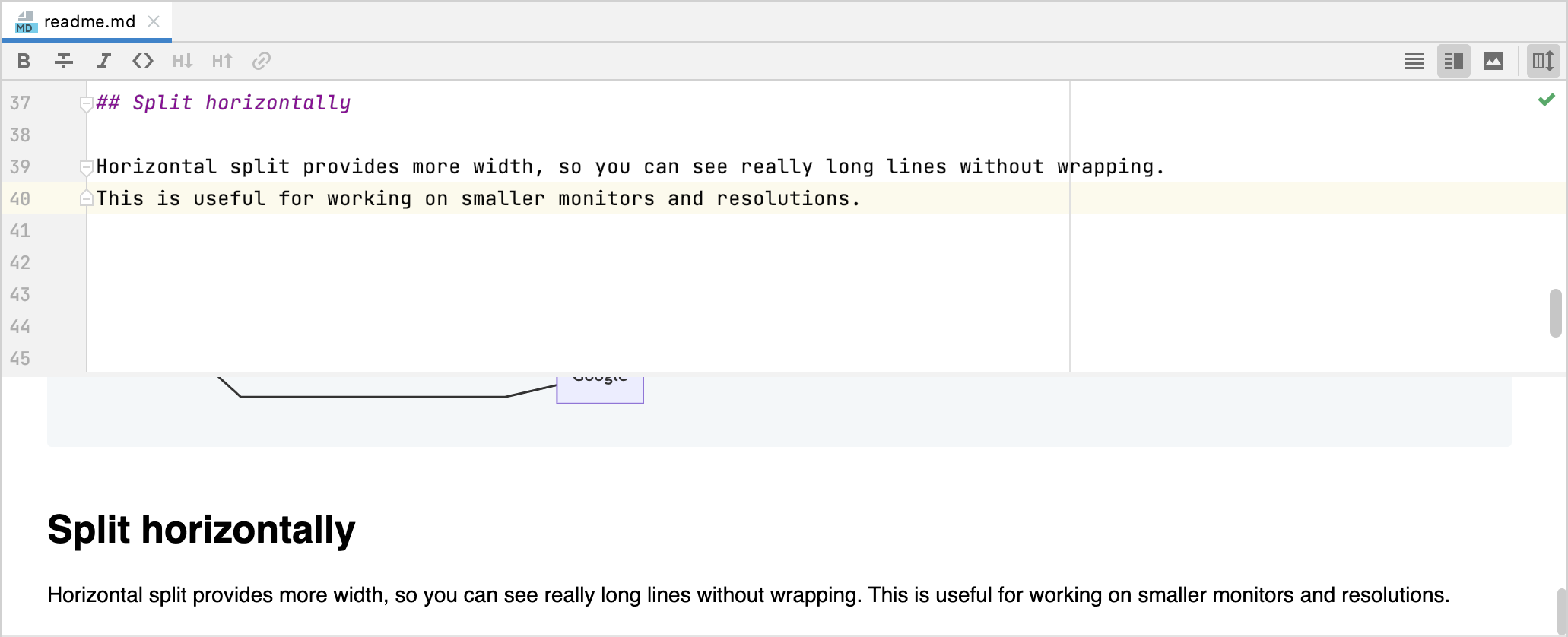 Markdown エディターとライブプレビューペインが水平方向に分割 Markdown editor and live preview pane split horizontally