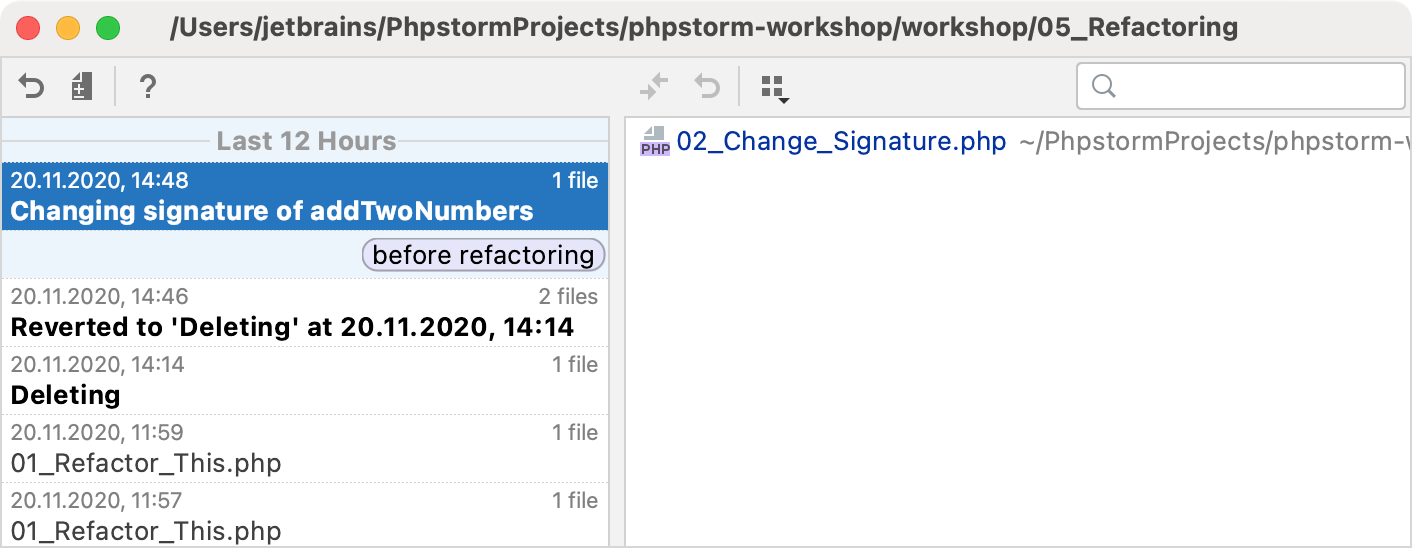 PhpStorm: 現在の状態のローカルヒストリーにラベルを追加する PhpStorm: Add label to the current state Local History