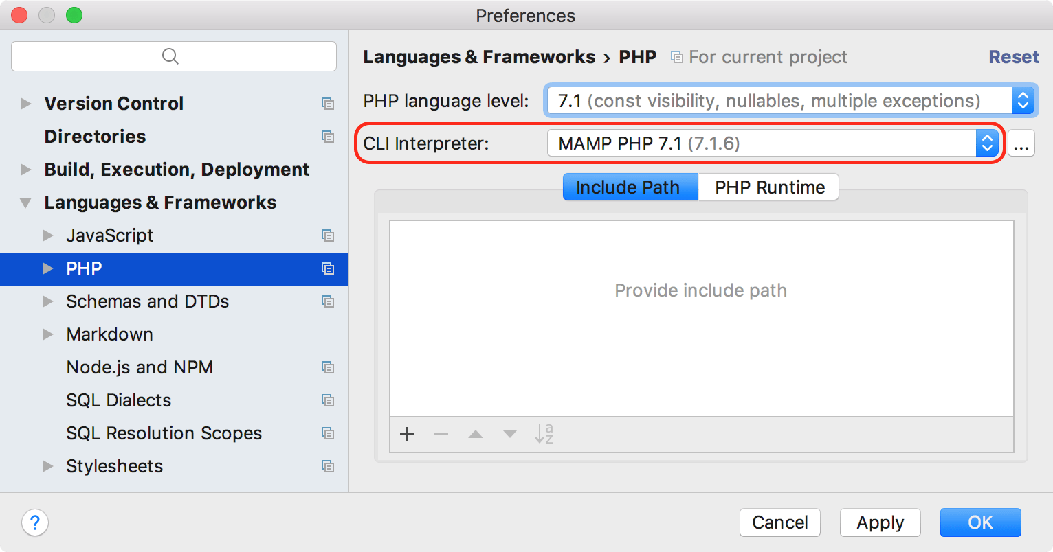 MAMP インタープリターが選択されました MAMP interpreter selected