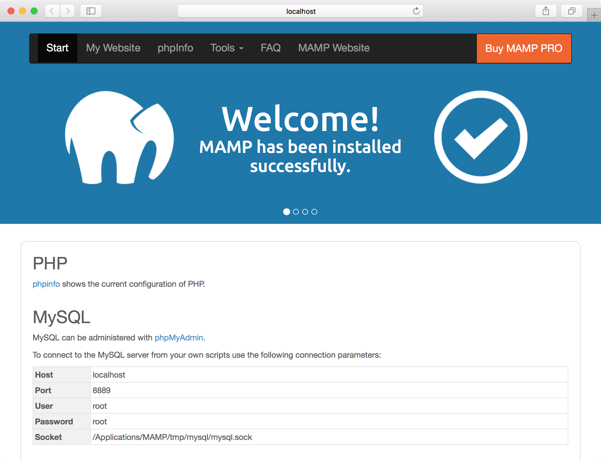 MAMP スタートページ MAMP start page