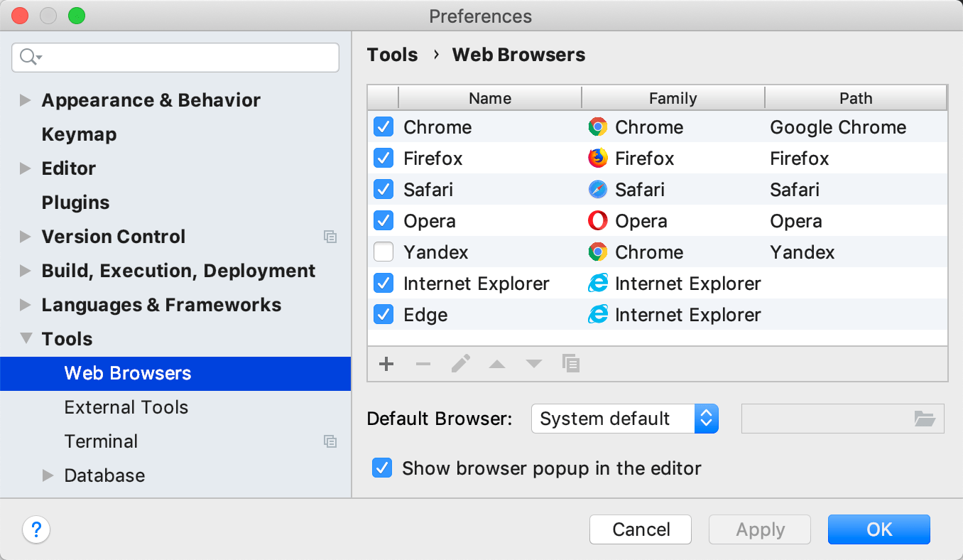 環境設定の Web ブラウザーページ The Web Browsers page in Preferences