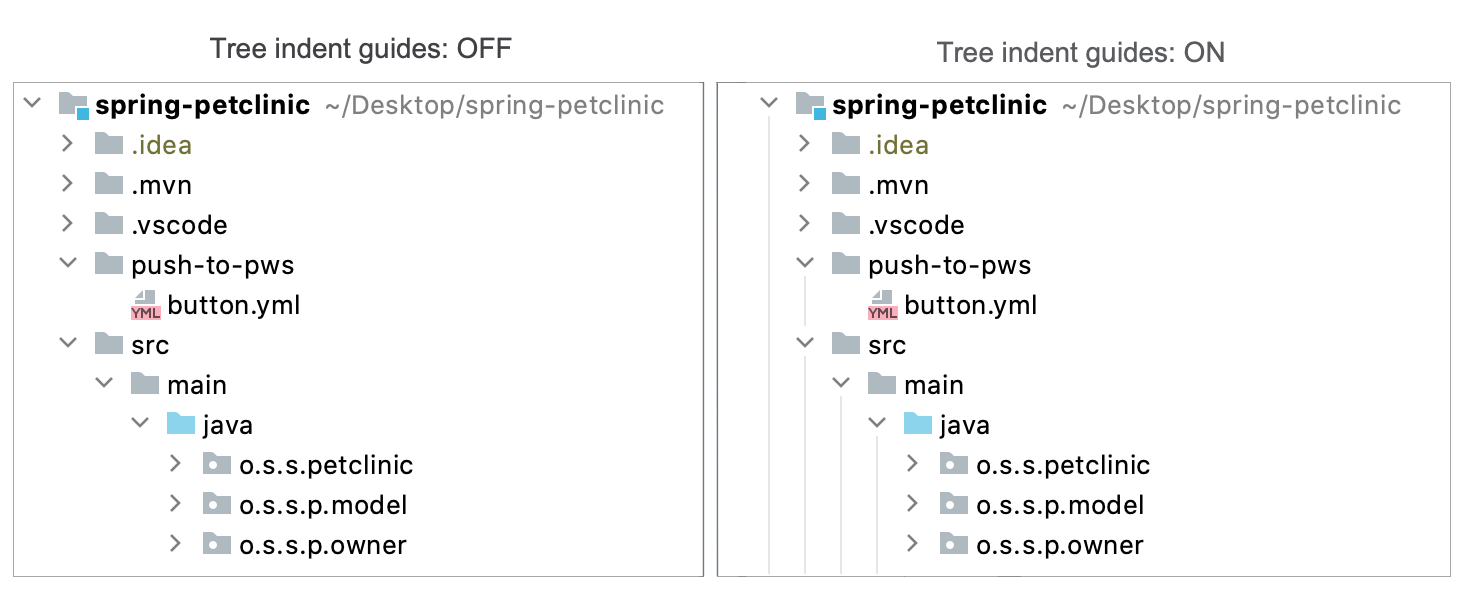 ツールウィンドウのツリーインデントガイド Tree indent guides in the tool window