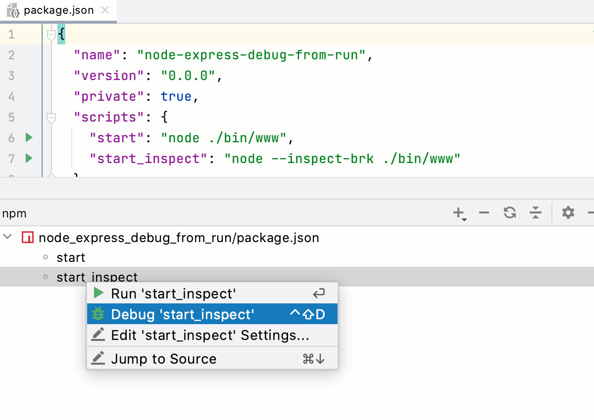 Debug one script from the npm tool window