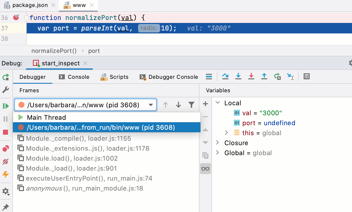 Debugging a script: Debug tool window
