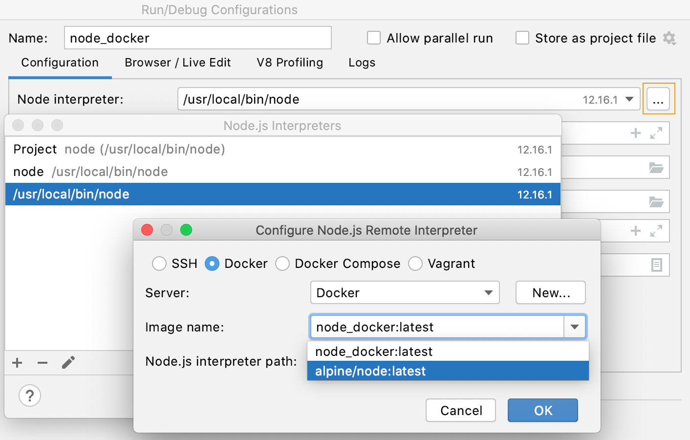 Node.js 実行構成から Node.js インタープリターダイアログを開く Open the Node.js Interpreters dialog from Node.js run configuration
