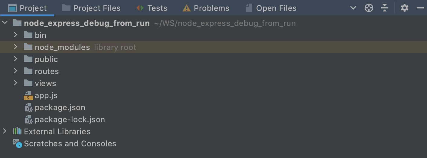 グループタブオプションが有効になっているプロジェクトツールウィンドウ The Project tool window with the Group Tabs option enabled