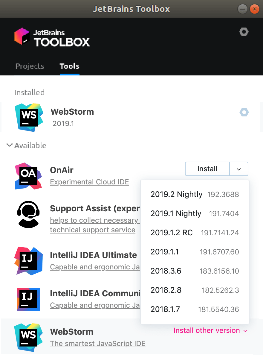 JetBrains Toolbox アプリの WebStorm WebStorm in the JetBrains Toolbox App