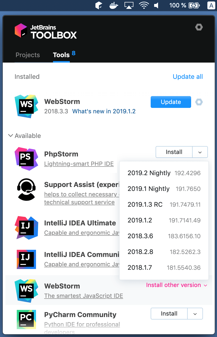JetBrains Toolbox アプリの WebStorm WebStorm in the JetBrains Toolbox App