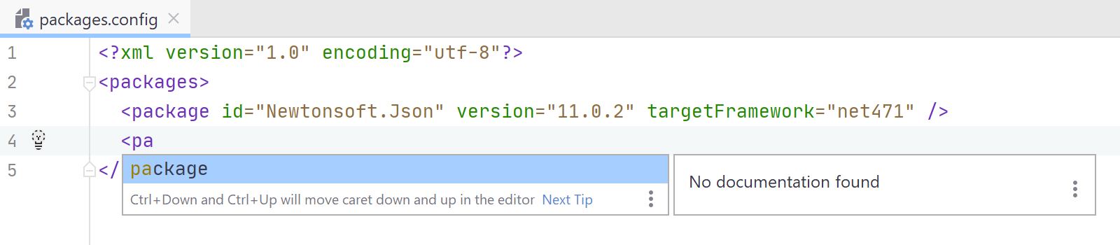 JetBrains Rider: NuGet 構成ファイルのコーディング支援 JetBrains Rider: Coding assistance in NuGet configuration files