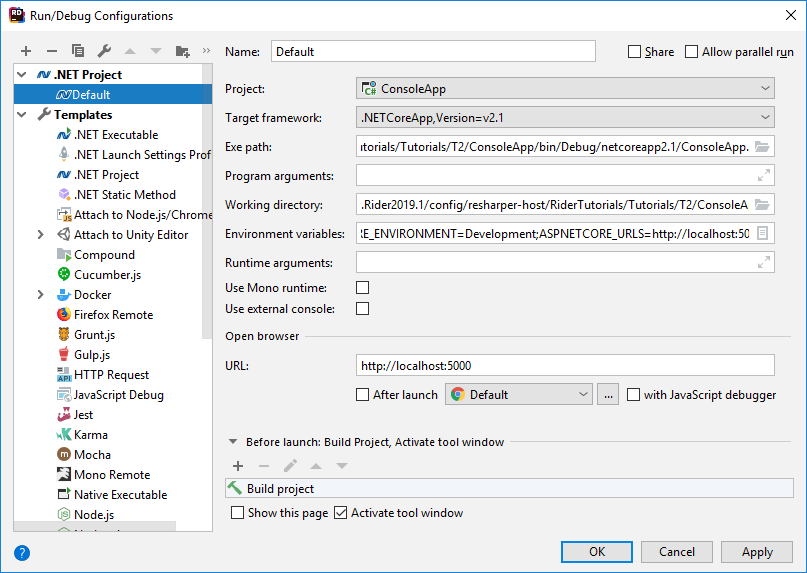 JetBrains Rider:実行/デバッグ構成:.NETプロジェクト JetBrains Rider: Run/debug configurations: .NET Project