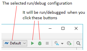 JetBrains Rider: ツールバーの実行/デバッグ構成コントロール JetBrains Rider: run/debug configuration controls on the toolbar