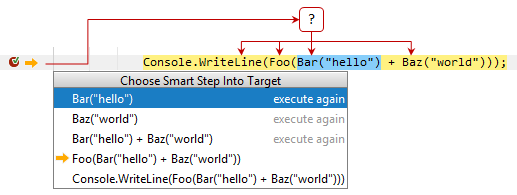 JetBrains Rider: 選択した呼び出しへのスマートステップ JetBrains Rider: Smart step into - stepping into selected call