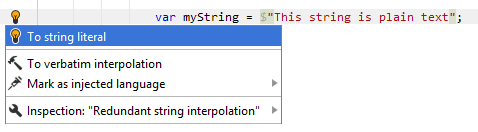 JetBrains Rider: パラメータを持たない文字列補間を文字列リテラルに変換する JetBrains Rider: Converting string interpolation without parameters into string literal