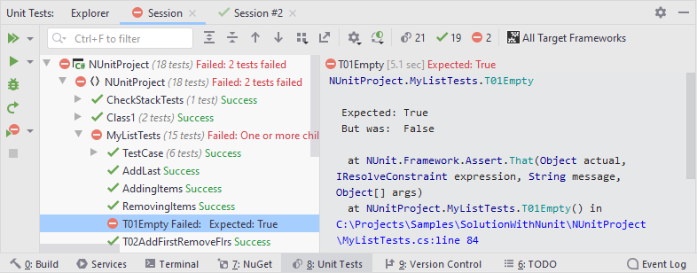 ユニットテストウィンドウに表示されるユニットテストセッション A unit test session displayed in the Unit Tests window