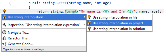 JetBrains Rider:String.Formatの使用箇所を文字列補間に変換する JetBrains Rider: Converting a usage of String.Format into string interpolation