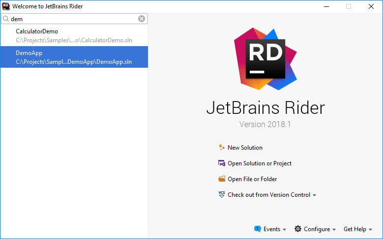 JetBrains Rider ウェルカムスクリーン JetBrains Rider welcome screen