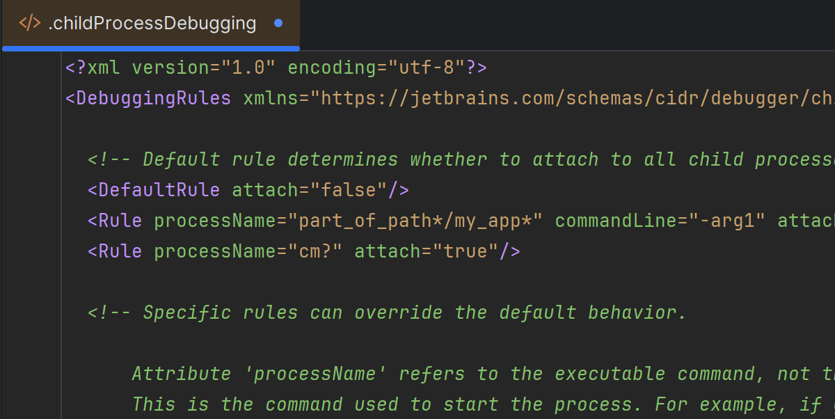 Custom rules for child process debugging
